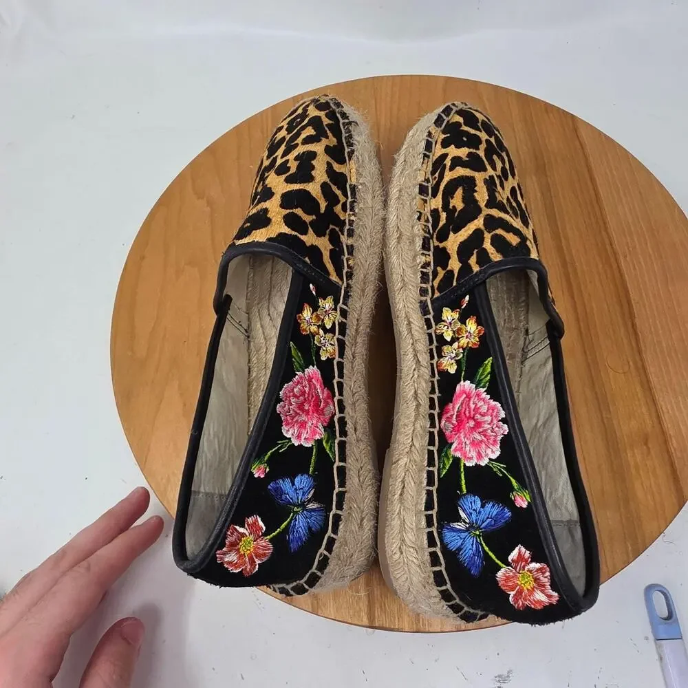 Johnny Was Shoe Women 8 Garden Leopard Espadrille Flat Floral Summer Embroidered